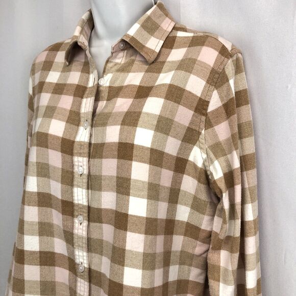 Lands End Womens Flannel Shirt Top Size 10 Long Sleeve Button Down Tan Pink - Picture 3 of 12
